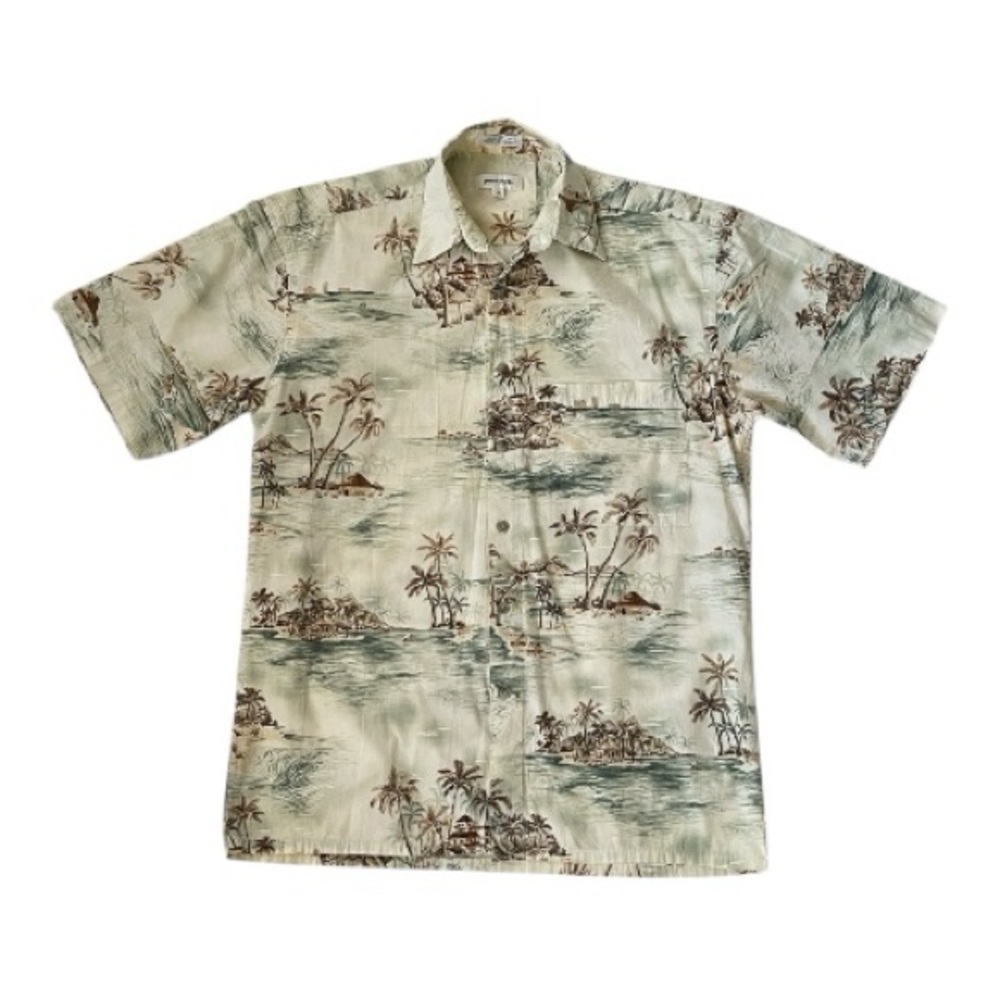 Pierre Cardin Cream and Brown Button Down Mens Hawaiian Shirt Size (Small)